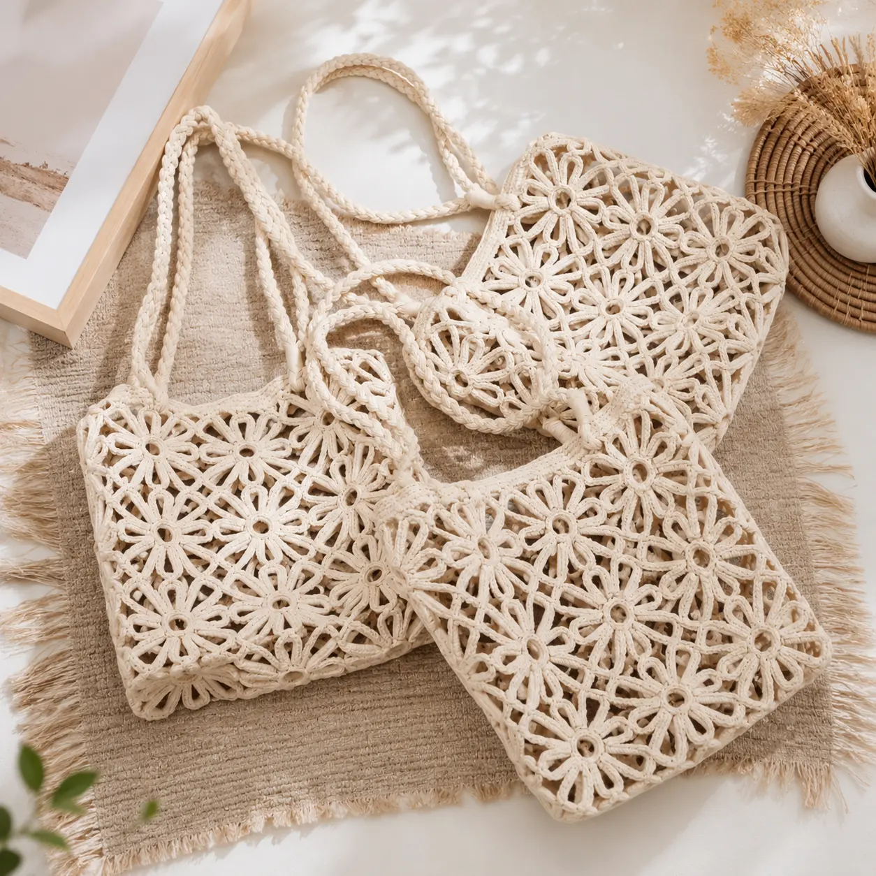 Women's Boho Floral Macramé Crochet Tote Bag - Braided Strap, Daisy Motif, Open Top, Lightweight Cotton Rope, Chic for Beach Vacations & Everyday Use, Unfastened, Beach Trip