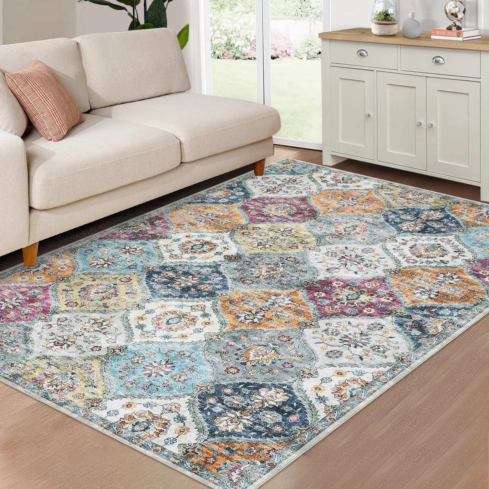 Garvee Washable Non-Slip Vintage North African Trellis & Medallion Area Rug/Runner - Ultra-Thin, Mark-Resistant, Non-Shedding - Indoor Entryway Kitchen Bath Bedroom - Size 2x3 & 2x6