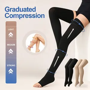 1Pair Women 20-30mmhg Solid Color Compression Socks, Soft Professional Over Knee Socks, Black Multi-functional Bed Socks, Toe-less Socks, Washable Comfortable Socks, Gift For Spring/Summer, Anniversary.