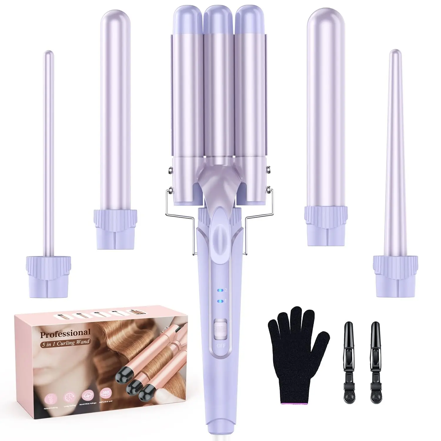 Waver Curling Iron Wand -  5 in 1 Curling Wand Set with 3 Barrel Hair Crimper for Women, Fast Heating Crimper Wand Curler in All Hair Type, Women Gifts - Purple