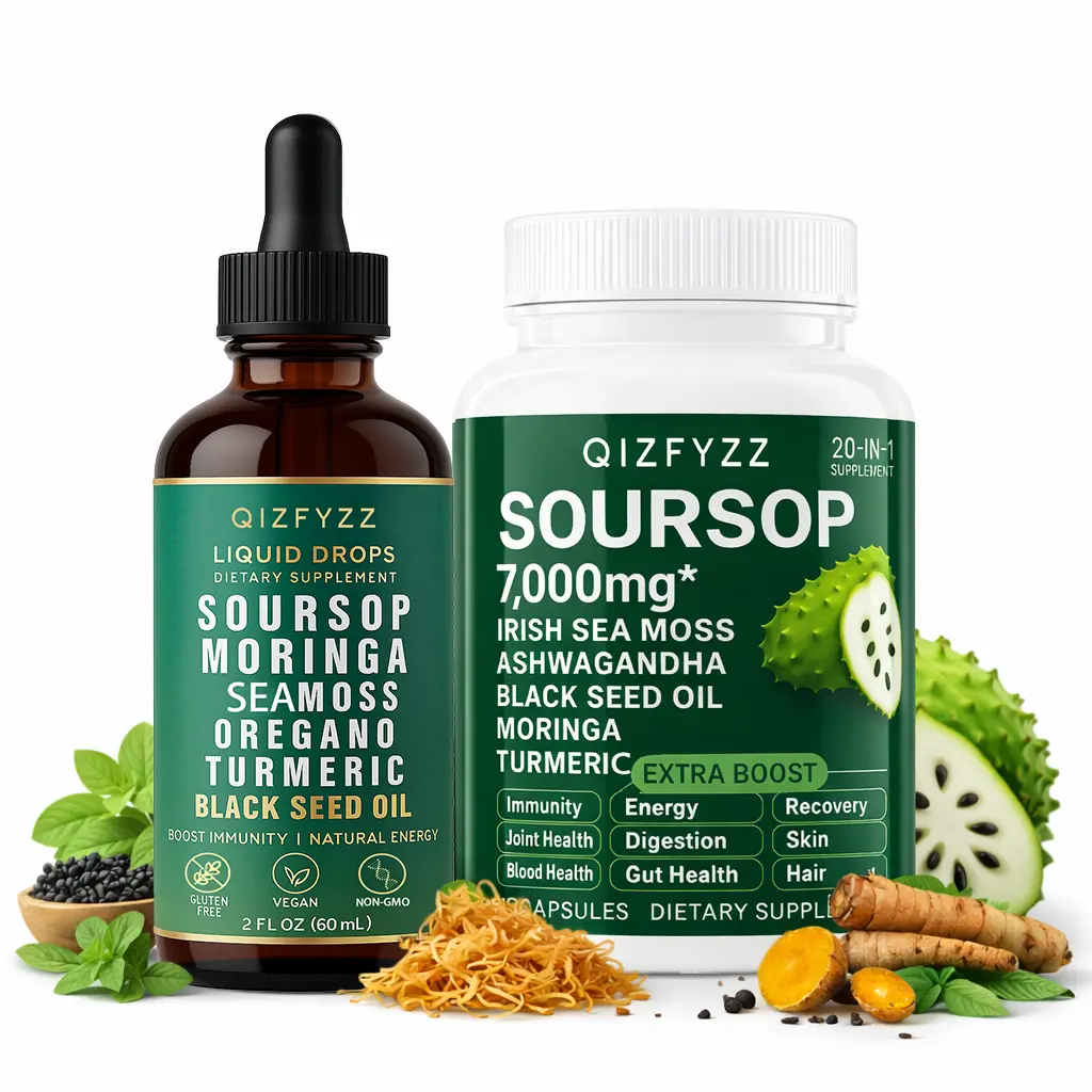 Soursop Bitterness Extract & Sea Moss Super Set | 10-in-1 Liquid Drops + 20-in-1 Capsules | Moringa, Turmeric, Black Seed Oil, Ashwagandha | Vegan, Non-GMO