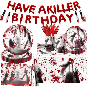 Have a Killer Birthday Decoration,142PCS Halloween Scary Party Tableware Decorations Include Killer Banner Horror Plates Napkins Bloody Tablecloth for Horror Themed Birthday Supplies