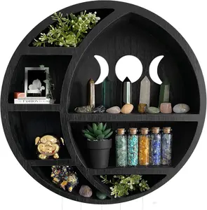 Ella & Emma Wooden Moon Shelf for Crystals - Crescent Moon Crystal Shelf, Storage & Wall Hanging Shelves for Bedroom Aesthetic, Moon Phase Wall Decor & Crystal Display Shelf, Pinewood, Black