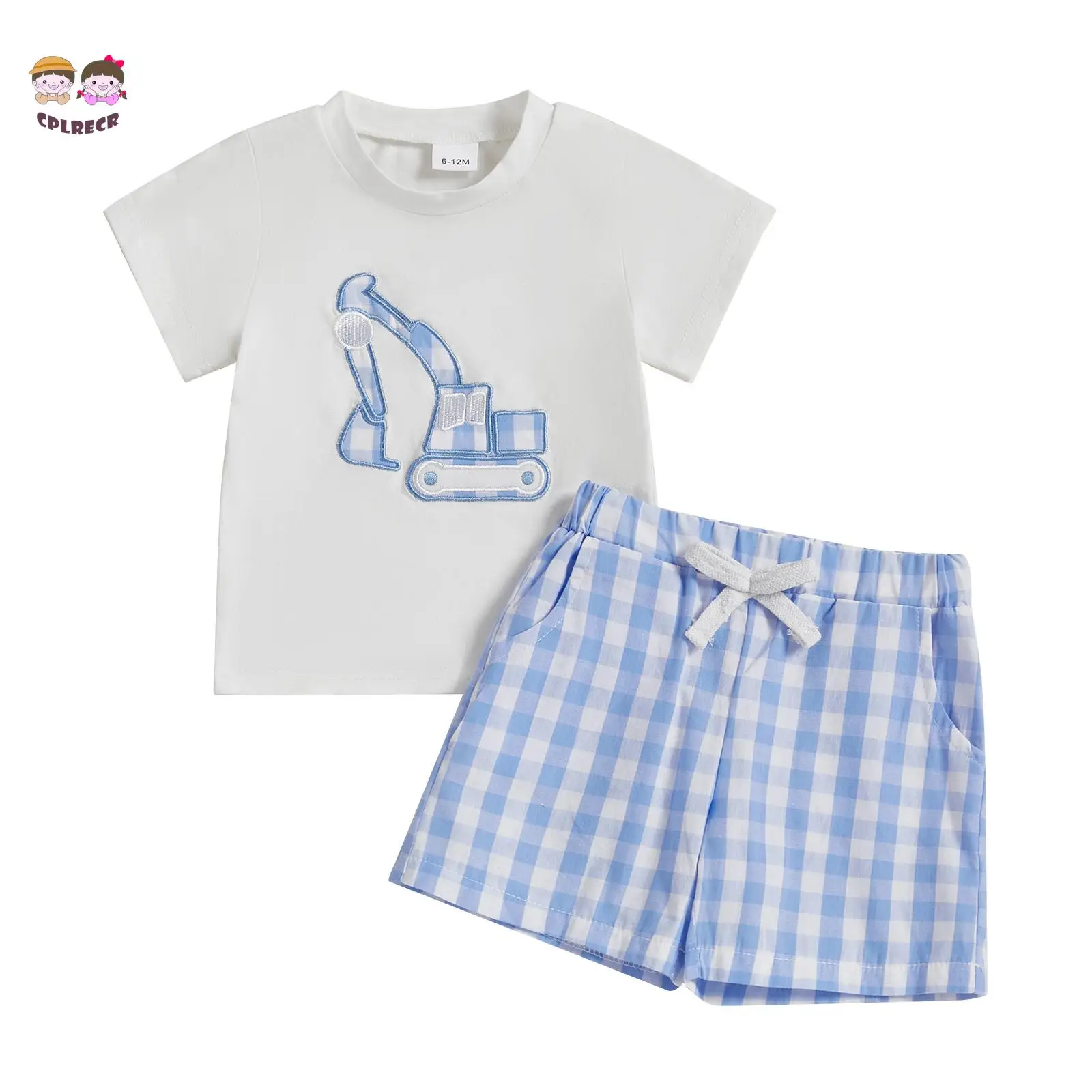 Toddler Baby Boy Shorts Set Excavator Embroidered Short Sleeve T-shirts Plaid Elastic Waist Shorts 2 Piece Summer Outfit