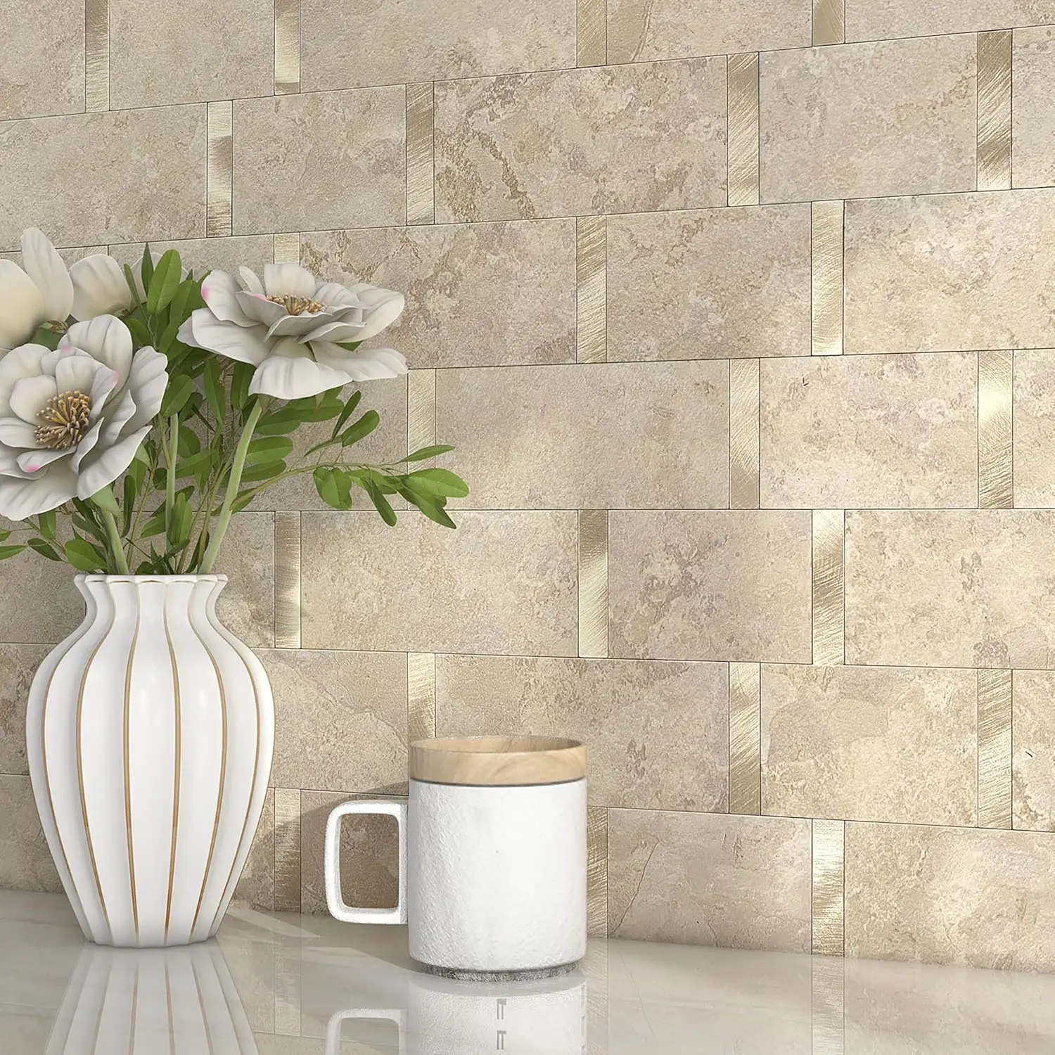 Rust Beige Matte 3D Geometric Metal-Marble Mosaic Vinyl Tiles Stickers, 3mm Self-Adhesive Peel-Stick Wall Tiles for DIY Users' Kitchen Backsplash, Waterproof Heat-Resistant 10-Sheet Pack