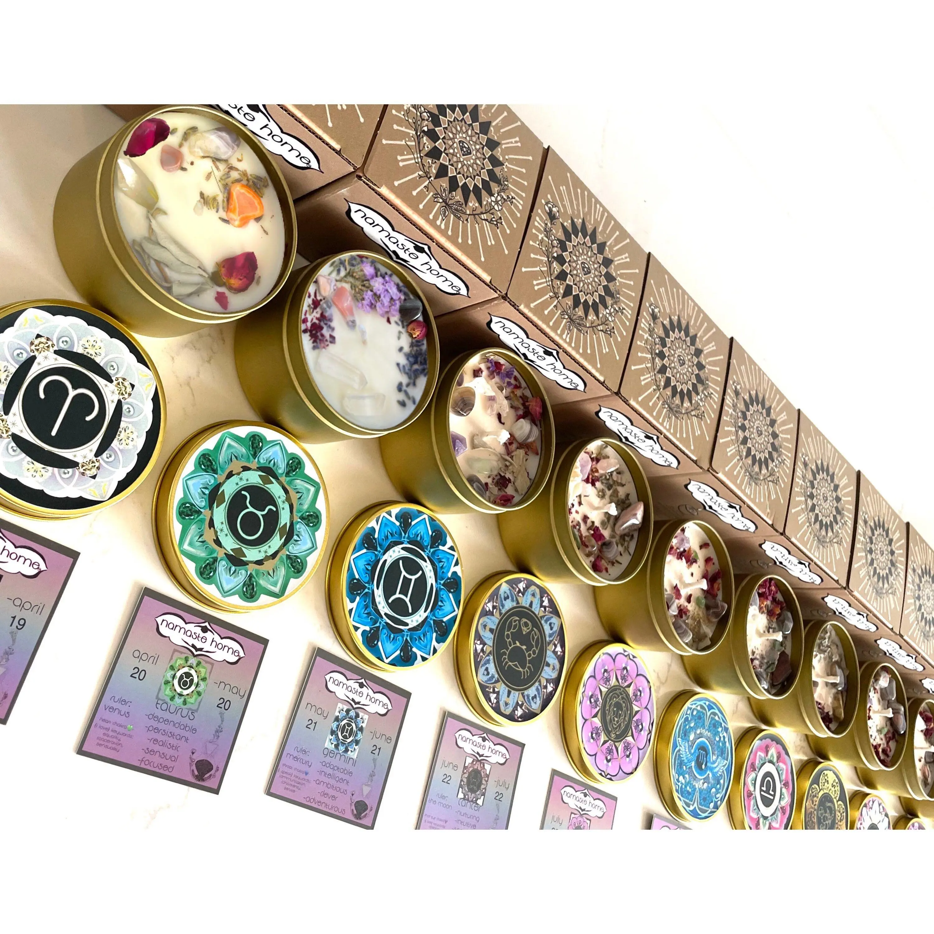 WHOLESALE 12 Pack of Zodiac Candles, Bulk Order, Crystal Candles, Adorned w/ Herbs, Flowers, Gemstones + Crystals