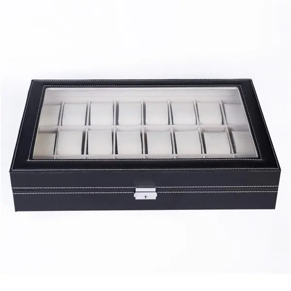 Black Leather Watch Storage Box, 24-Compartment Top-Opening Style Watch Collection Organizer, Watch Storage Boxes