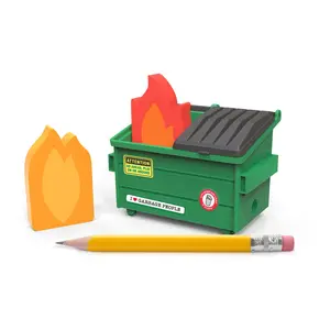 TRASH TALK Dumpster Fire Desk Set, Two Flame Erasers and Pencil Sharpener, Includes 15 Stickers for Decoration, Fun and Functional Workspace Decor