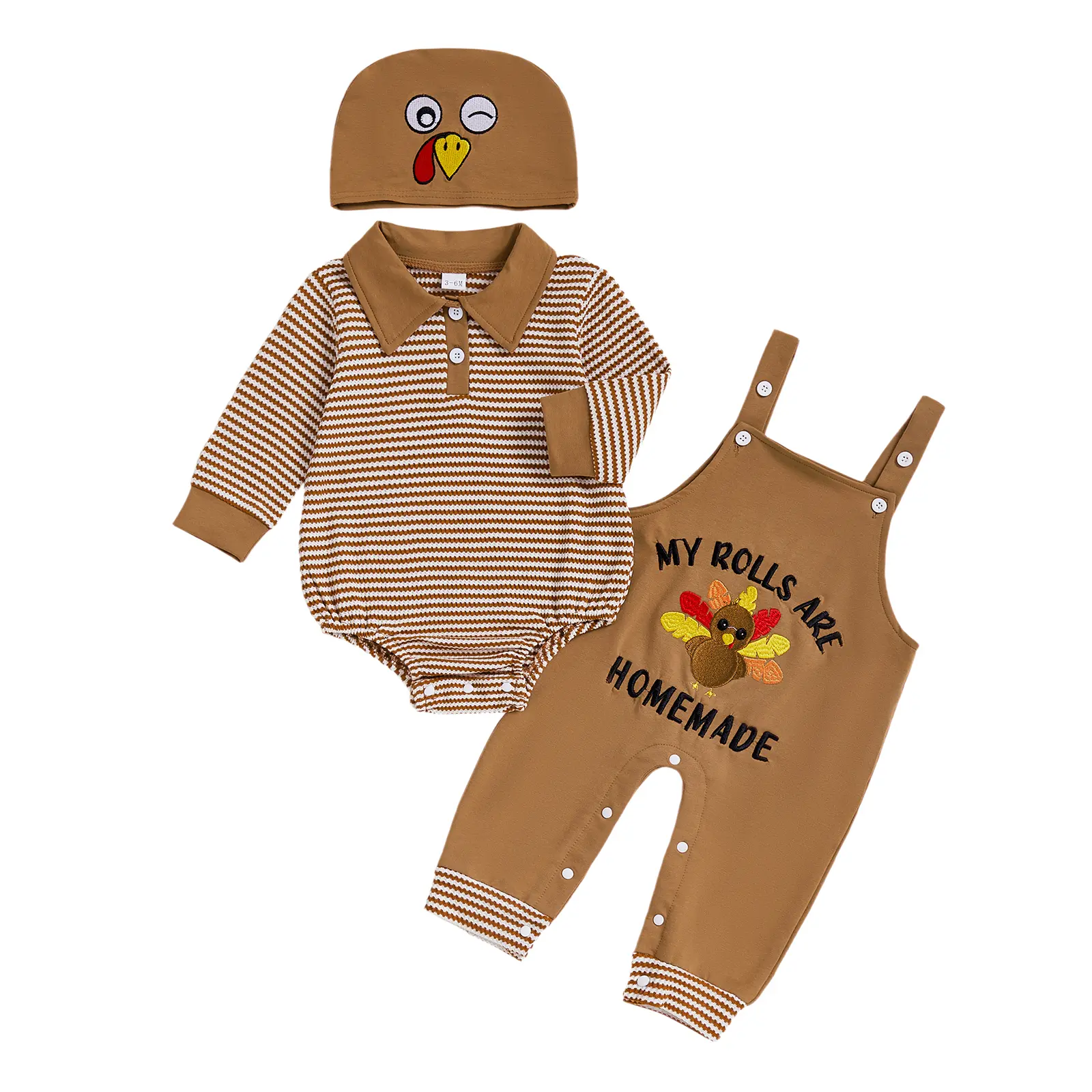 Sprifallbaby Baby Boy 3-Piece Thanksgiving Outfit Set - Long Sleeve Lapel Romper Bodysuit, Turkey Embroidery Suspender Overalls, Hat | Baby Clothing Gift Set