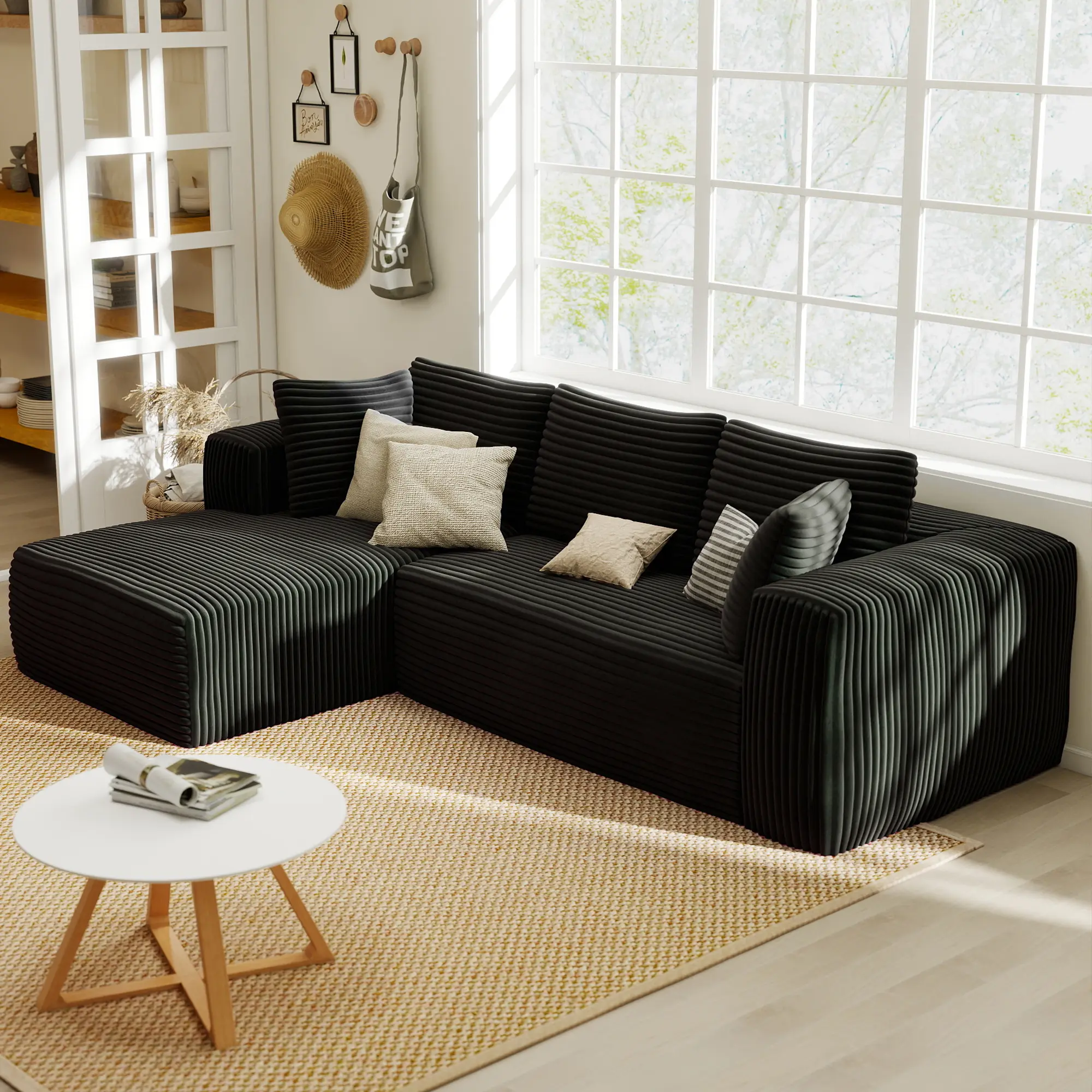 97" Corduroy Cloud Boneless Couch L/U-Shaped Sectional Set with Sofa & Ottoman, No Assembly Required, Seats 3-4 Comfortably summergarden
