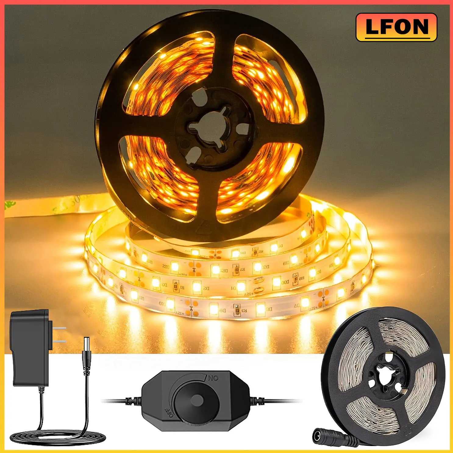 Dimmable 24V 32.8ft(10M) LED Strip Light Warm White，1200 LEDs 2835 SMD 3000K with Power Supply for Kitchen Bedroom Under-Cabinet Hallways Halloween, Christmas Kitchen Backyard Hallways Stairs DecorationDecoration Lighting