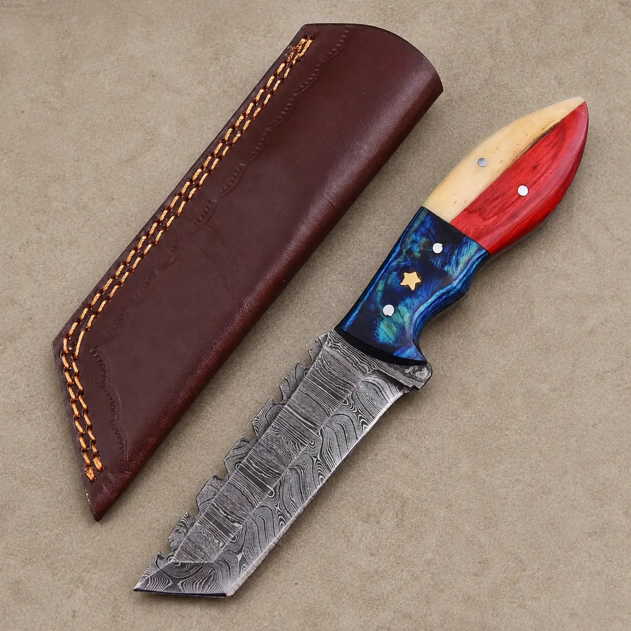 Lone Star Legacy Fixed Blade Knife – Hand Forged Steel with Texas Flag Handle, Bone & Wood Scales, Leather Sheath