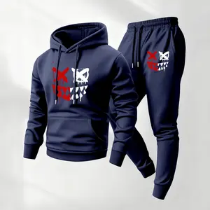 Men's devil smiley face print hoodie and drawstring track pants set, with pockets, casual sportswear, long-sleeved hooded jacket and jogging pants, autumn and winter sportswear, suitable for indoor and outdoor sports and everyday wear, sportswear set.
