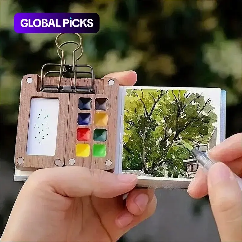 Mini Travel Watercolor Palette Set, 5 Counts/set Wooden Paint Box with Sketchbook, Color Pigments, Refillable Water Brush & Clip, Art Supplies for Indoor & Outdoor, Travel Painting #GLOBAL PICKS