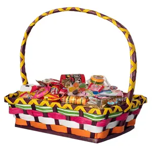 212 MAIN Vibrant Wicker Weaving Basket with Colorful Bands, Handle - Home Organizer, Storage Solution for Easter Candy, Garden Wedding Decor