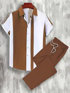 Men's Colorblock Print Short Sleeve Top & Pants Loungewear Two-Piece Set, Regular Fit Casual Comfy Top & Trousers Pj Set, Men's Sleepwear Set for All Seasons