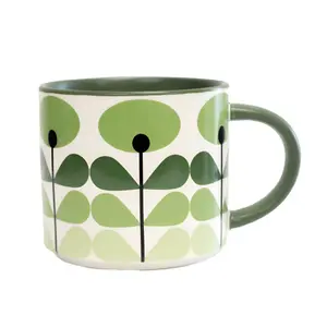 Green Flower Mid Century Modern Stackable Matte Coffee Tea Mug
