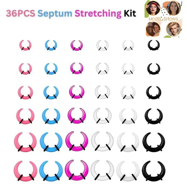36PCS Septum Stretching Kit, Acrylic Septum Pincher Set 14G-4G, Multi-Color C Shape Buffalo Pincher Rings, Ear Gauge Stretching Kit, Septum Jewelry & Body Piercing Accessories for Women and Men