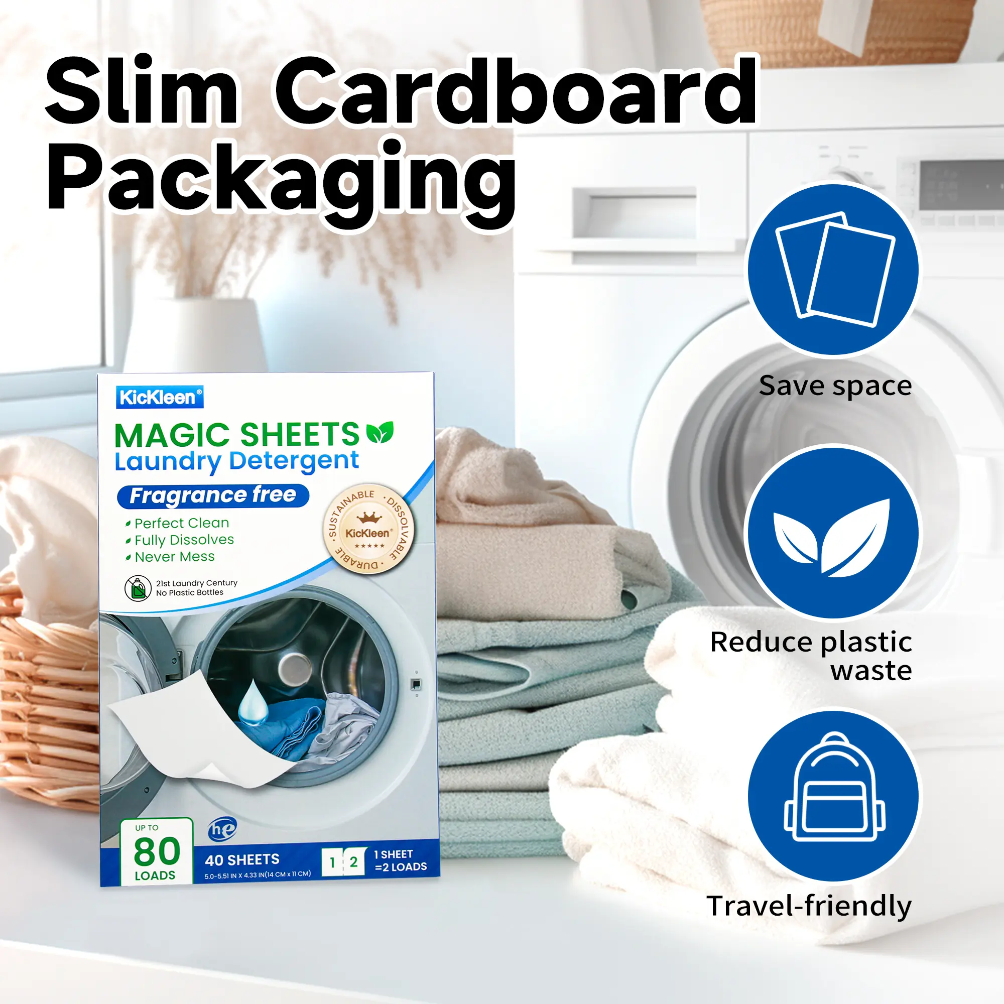 Magic Sheets Laundry Detergent Sheets-Convenient Compact Sheets, Ultra Concentrated, No Plastic Laundry Soap - 80 Loads Portable Liquidless Detergent (Fresh Scent) Cleaning Household