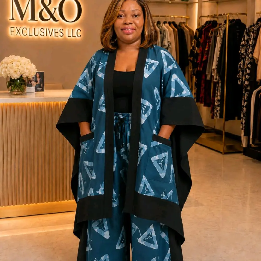 Women's 2-Piece Traditional Mix Kimono Set - Chic Solid Color Jacket Outerwear & Wide Leg Pants, Comfortable Outfit That Enhances Outfit for Everyday Workwear Style