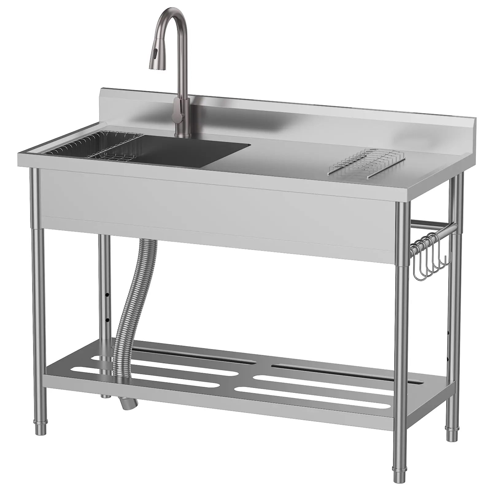 47"x22" Rectangular Gray Freestanding Stainless Steel Laundry Sink with Pull-Down Faucet & Large Workbench Top, Industrial Look for Home Users, Ideal for Laundry Room & Garage