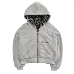 Cheetah Zip Up Hoodies Grey with Leopard Print Lining Front Pocket for Casual Wear Comfortable Everyday Outfits