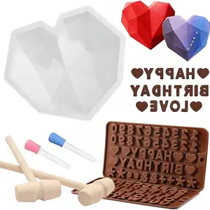 7PCS Broken Heart Shaped Silicone Mold Set For Chocolate With Hammer and Dropper Multi Sided Heart Shaped Silicone Mold For Valentine's Day Chocolate Production Including Letter And Number Chocolate Molds