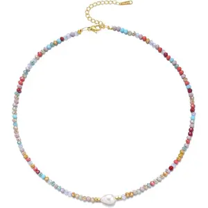 Women's Bohemian Crystal Bead Choker Necklace with Pearl Chain, Adjustable Colorful Statement Costume Jewelry, Ideal for Daily Wear & Festival Gifting, Pearl Chain Necklace,summerwins