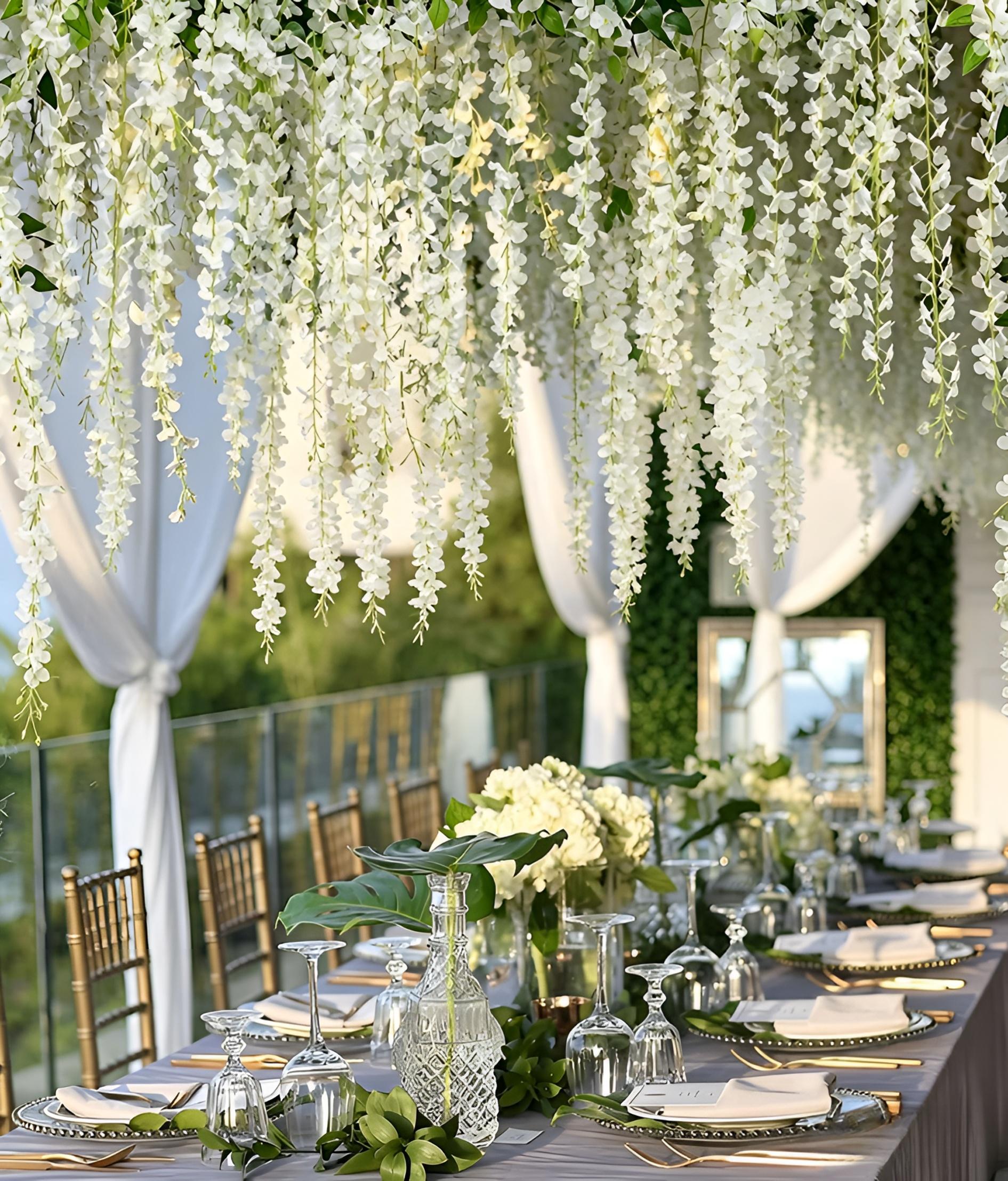 Artificial Vines Artificial Wisteria Flowers 12Pcs 43.3 Inch/Piece Dense Fake Wisteria Vine Ratta Hanging Garland Silk Flowers String for Decorative Home Party Wedding Garden Decorations Artificial Flowers For Outside