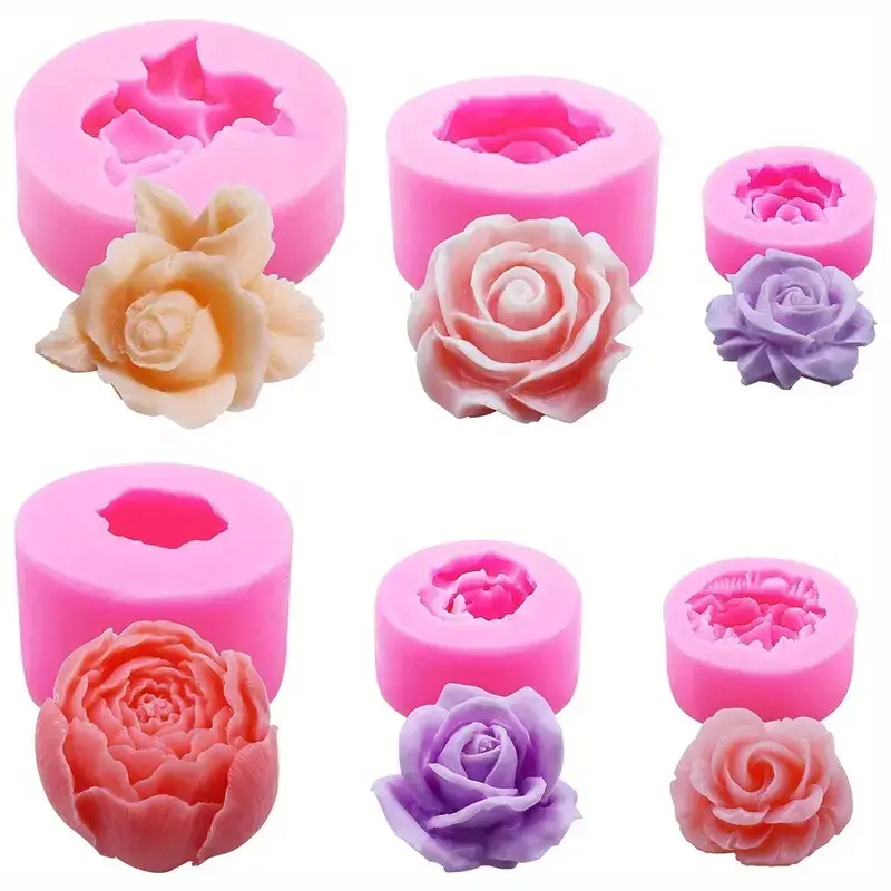 6 Pack 3D Flower Silicone Soap Mold Rose Flower Silicone Fondant Mold Bloom Rose Resin Candle Mold for Cake Decorating Chocolate Candy Polymer Clay Gum Paste Set