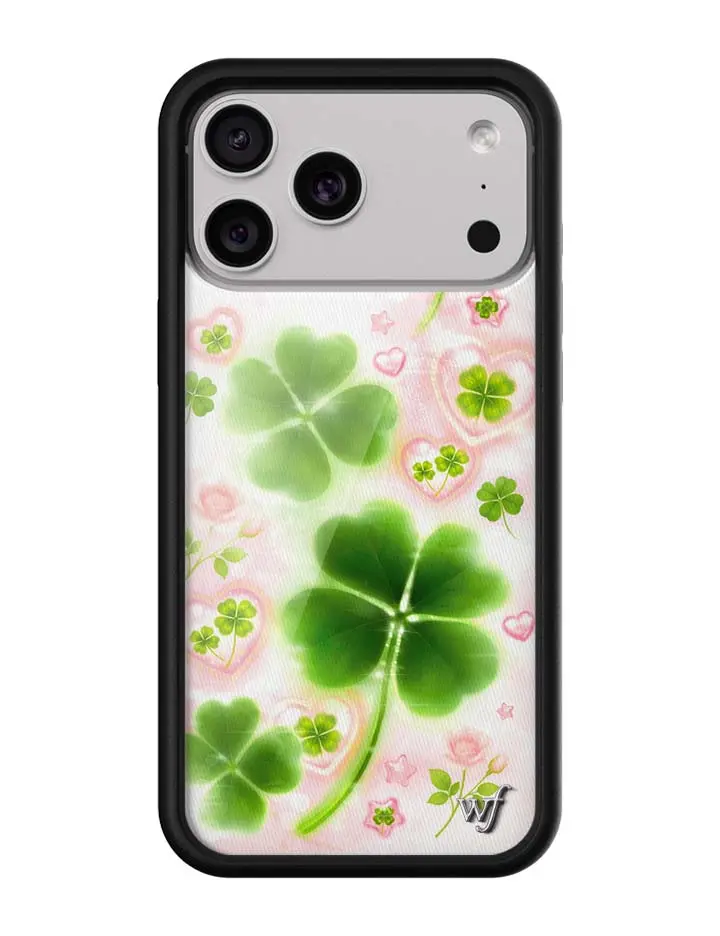 Miss Lucky | Limited Edition Trendy iPhone Case | Raised Protective Black Bumper | Women Owned Small Business | White Background Vibrant Pretty Pink Hearts Bright Green Four Leaf Clovers | Safety Casing Protective | Gift for Her