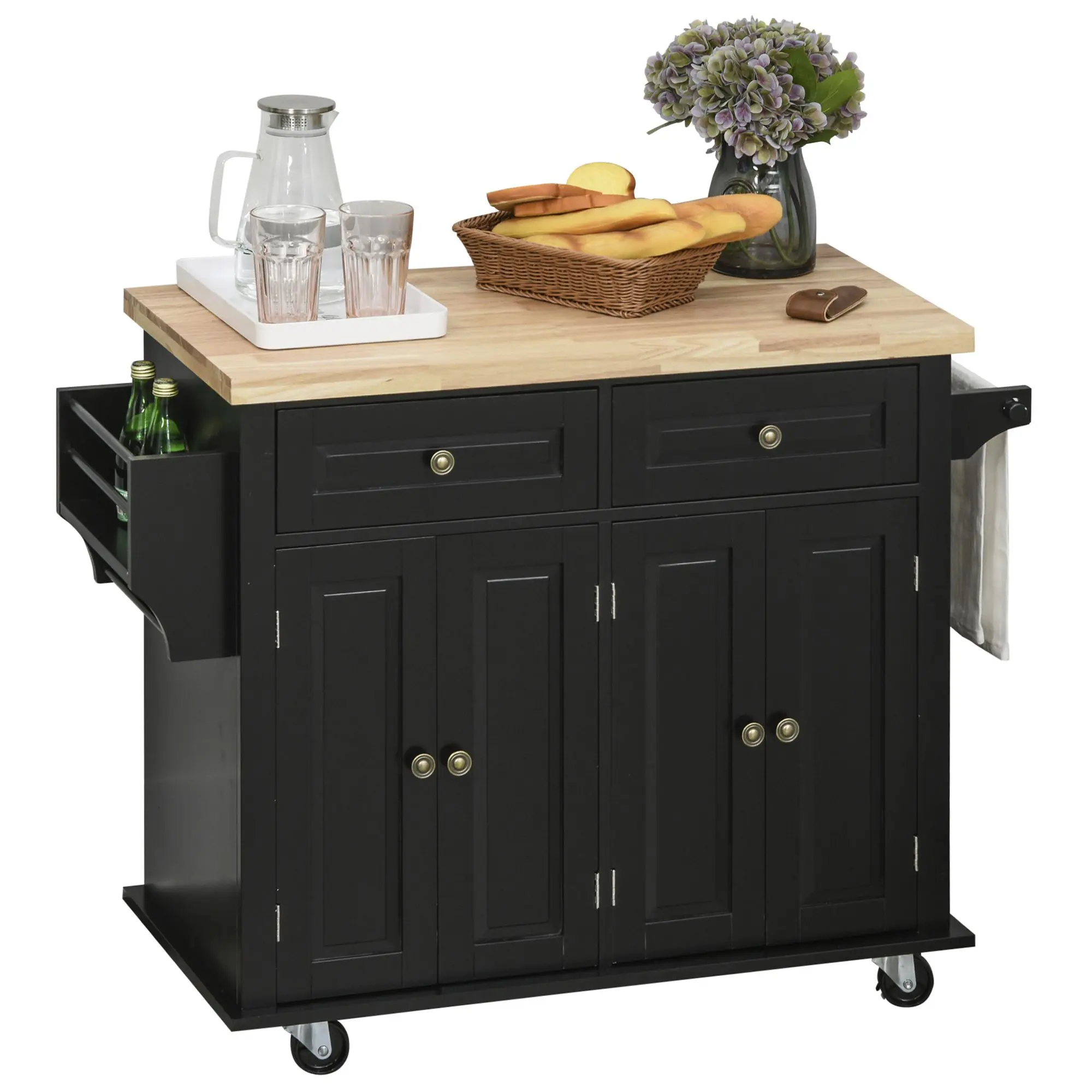 Black Kitchen Island Cart Varnished Rubberwood Countertop P2 MDF Frame Adjustable Shelves Lock 3 Levels for Rv Camper Kitchen Island Extension Holiday Baking