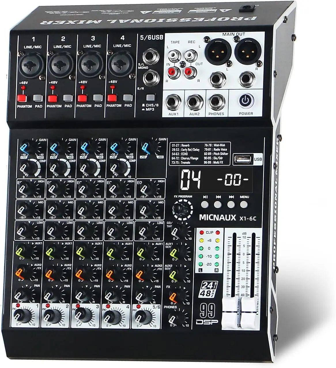 6-Channel Professional Wired Audio Mixer Console - Bluetooth/USB Amplifier, Digital Sound Processor Mixer with 99 DSP Effects, 48V Power Supply, PAD Button for Karaoke, Live Music Use