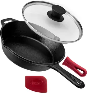 Cuisinel Cast Iron Skillet with Glass Lid - 8"/10"/12"/15"-Inch Pre-Seasoned Frying Pan + Tempered Glass Cover + Silicone Handle Holder - Indoor/Outdoor Oven Safe Cookware