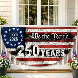 Vintage US Flag 250th Anniversary Semicircle Fence Banner, 1776-2026 We The People Polyester Patriotic Bunting, Weatherproof Outdoor Home Decoration, Independence Day Porch Accent