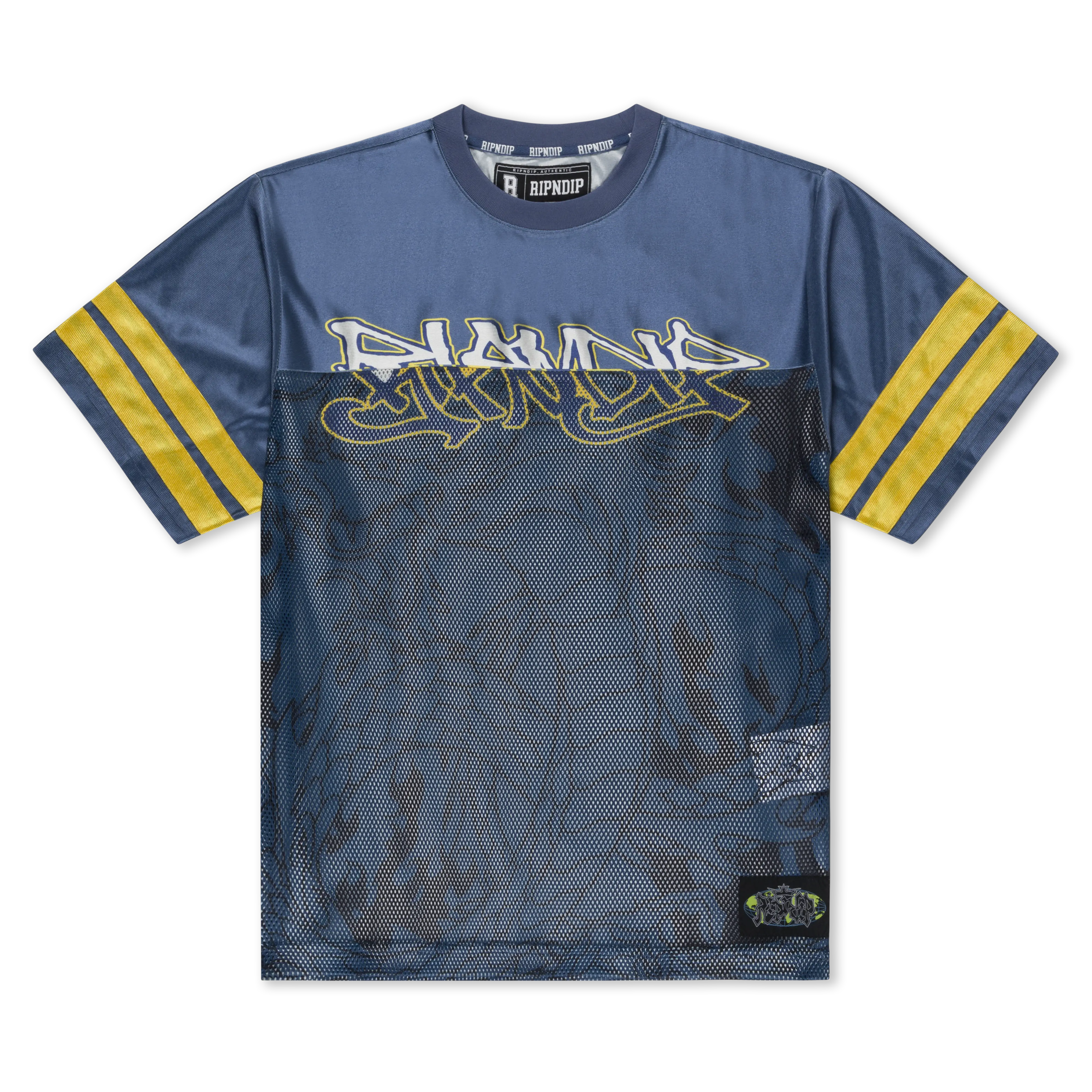 Dragon Print Football & Soccer Jersey, Navy Polyester Top with Double Stripe Sleeves, Mesh Bottom & Custom Patches, Football Fashion, Novelty Print, Mens Jersey Style, Cropped Mesh Jersey Football