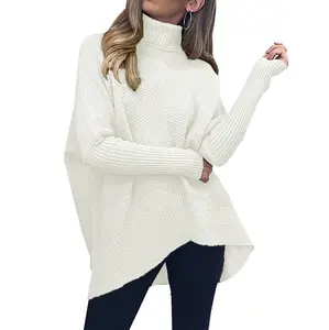 ANRABESS Womens Turtleneck Oversized Sweater 2025 Long Batwing Sleeve Asymmetric Hem Casual Knit Pullover Tunic Sweater Tops White
