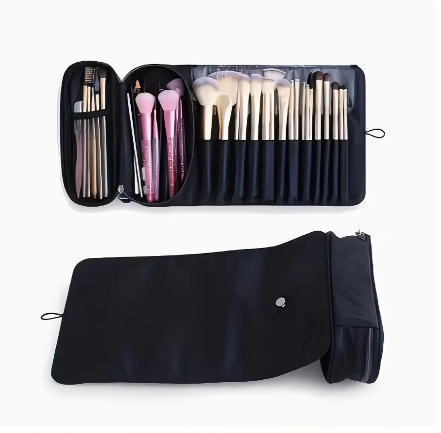 Makeup Brush Set in Black Roll-Up Case with 12 Brushes for Professional Application and Storage