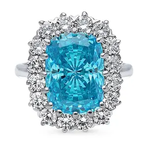 Halo Blue Cushion CZ Ring in Sterling Silver