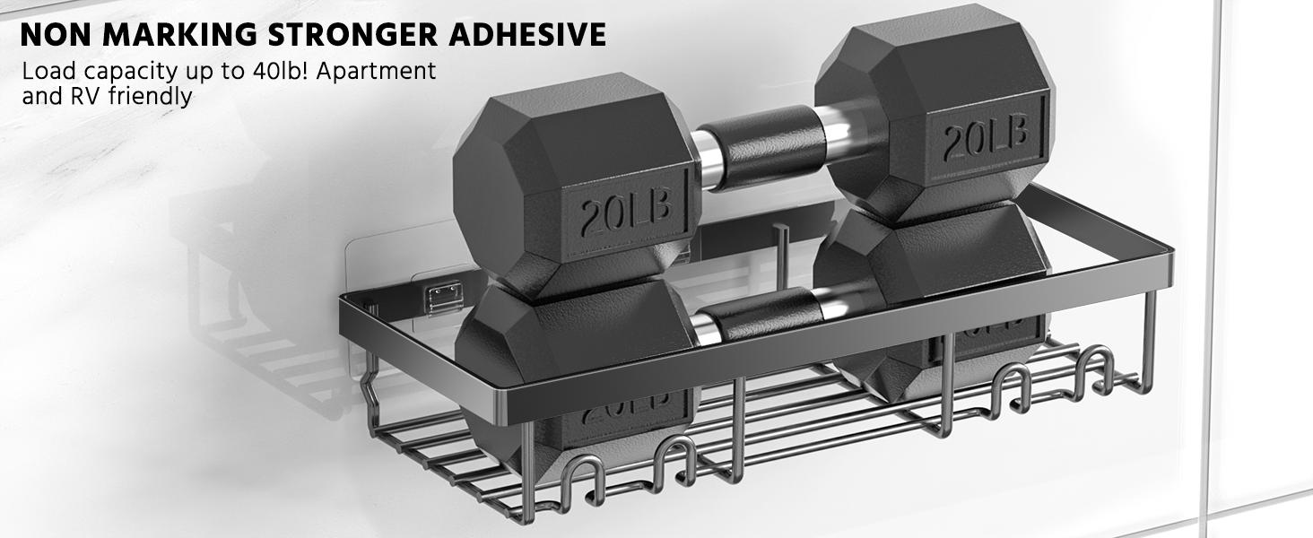 Shower Caddy Shelf Organizer Rack, Self Adhesive Black Bathroom Shelves Basket, Home Farmhouse Wall Inside Organization and Storage Decor Rv Accessories, First Camper Apartment Essentials