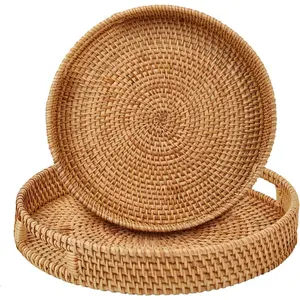 Round Rattan Serving Tray with Handles,2 Hand Woven Basket,  Decor Organizer Tray for Breakfast, , Snack, Fruit, Coffee, Storage (Large + Medium)(14.17inchX2.3inch+11.9inchX1.7inch