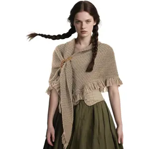 Medieval Knitted Shawl Wrap with Fringe Trim Scarf Renaissance Triangle Shape