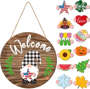 Interchangeable Welcome Sign for Front Door Xmas Decorations Seasonal Wooden  Door Hanger Wreath 12 Inches Farmhouse Rustic Wall Home Sign with Interchangeable Holiday(Cute Style)