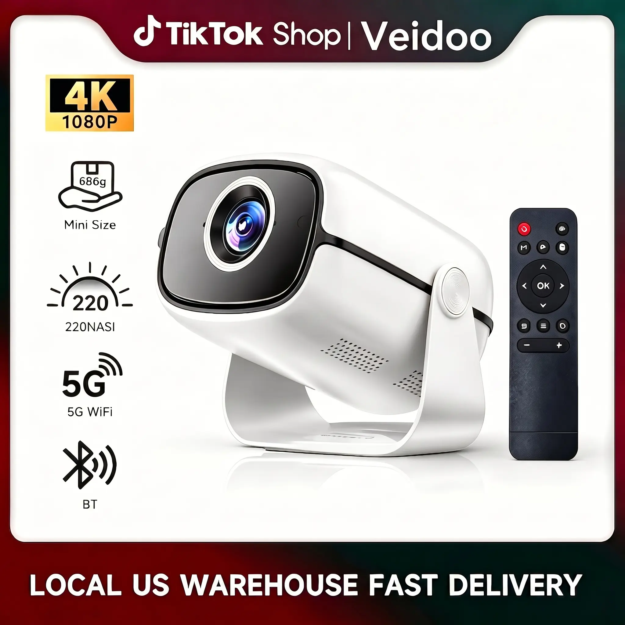 Veidoo Portable Projector, 220 ANSI Lumens, Auto Vertical Correction, Smart Android OS, WiFi, Bluetooth, 4K-1080P Support, Built-in Apps, 180° Rotation, Mini Projector for Bedroom, Outdoor Movie Use