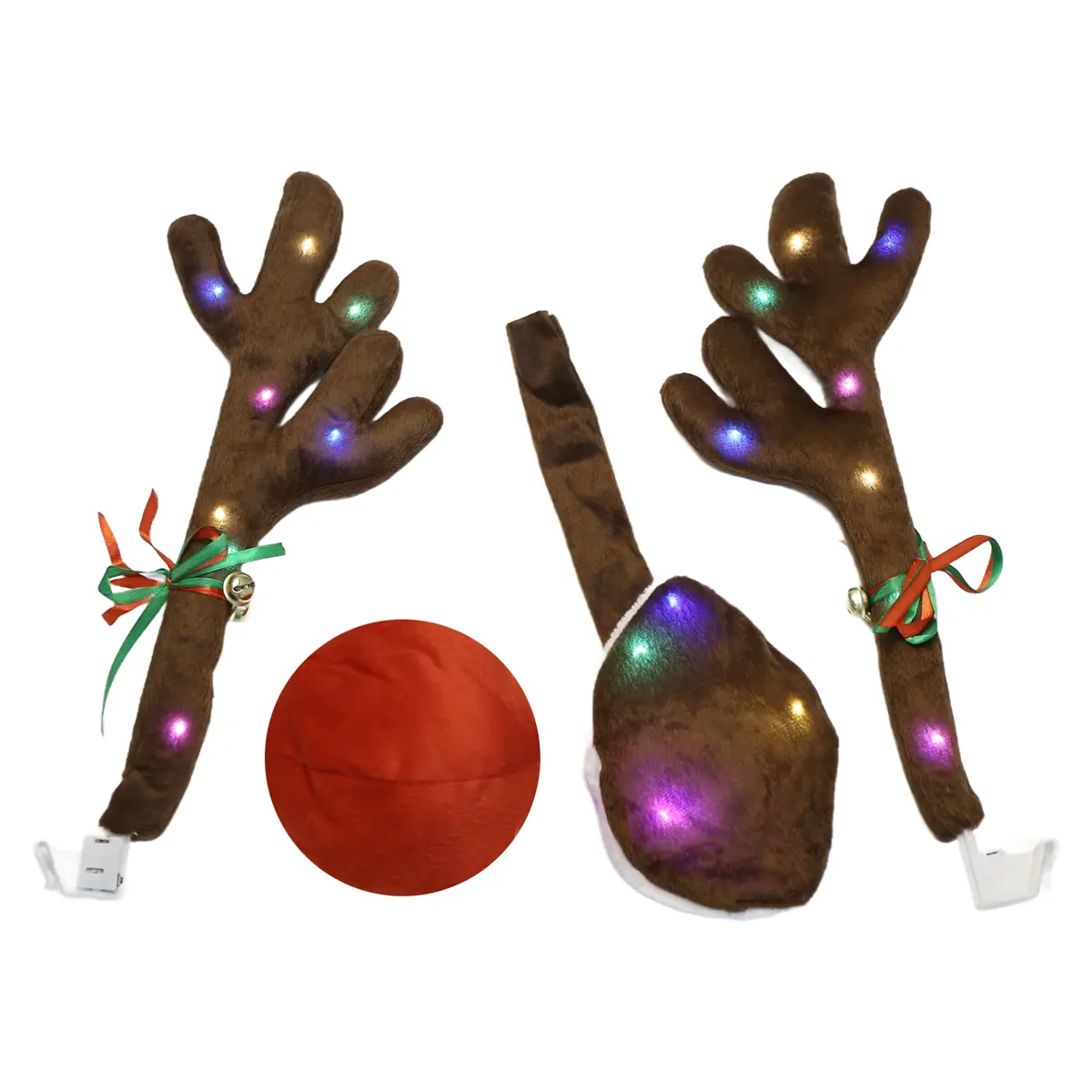 Car Reindeer Antlers,Antlers Car Kit with LED Lights,Reindeer Car Kit Antlers,Nose,Tail,Christmas Decorations for Car Brown