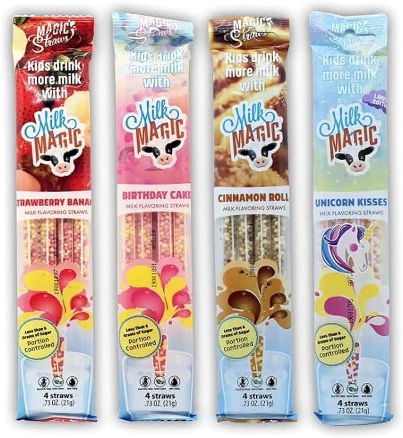 Milk Magic Flavored Straws for Kids | 16 Pack Variety Bundle | Low Sugar & Delicious Milk Flavoring Unicorn Kisses, Strawberry Banana, Birthday Cake & Cinnamon Roll Straws | Gluten-Free & BPA-Free