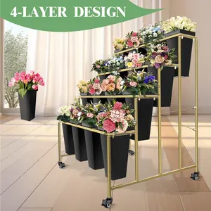 4 Layers Flower Display Stand With 16 PCS Buckets, Square Flower Bucket, Metal Plant Stand with 4 Wheels, Heavy Duty Moving Flower Cart Shelf, for Patio Garden, Balcony, Florists, Cafés(Black Gold) (Black and Gold)