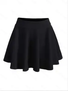 Black High Waist A-Line Skirt, Casual Daily Flared Mini Skirt With Safety Liner