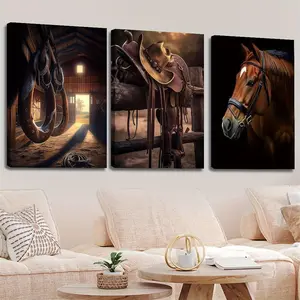 3pcs Wood Frame Canvas Print Decorative Painting, Western farm, cowboy art, stable fish saddle, cowboy hat,Indoor home wall decoration art