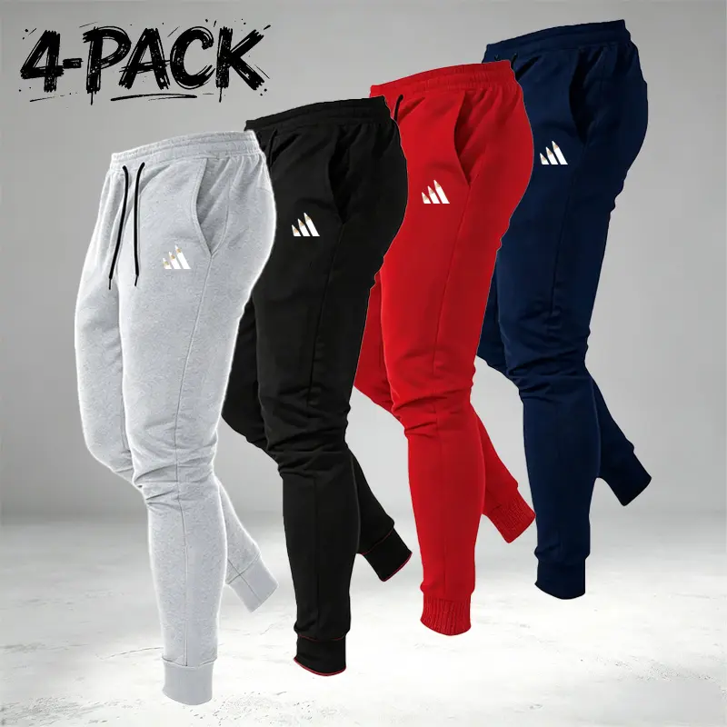 Men’s Stylish Soft Workout Elastic Waist Plain Casual Sporty Jogger Compression Sweatpants - Small Logo Print, Drawstring Waistband, Side Pockets, Ribbed Cuffs, Multi-Color, 1-4 Pack Bundles, Skin-Friendly Fabric for Fitness, Running, Stylish Soft Joggers